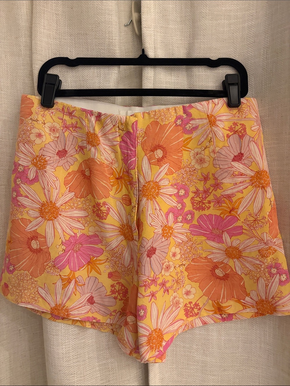 H&M Yellow Floral High-Waist Women's Shorts with Pink & Orange Blooms